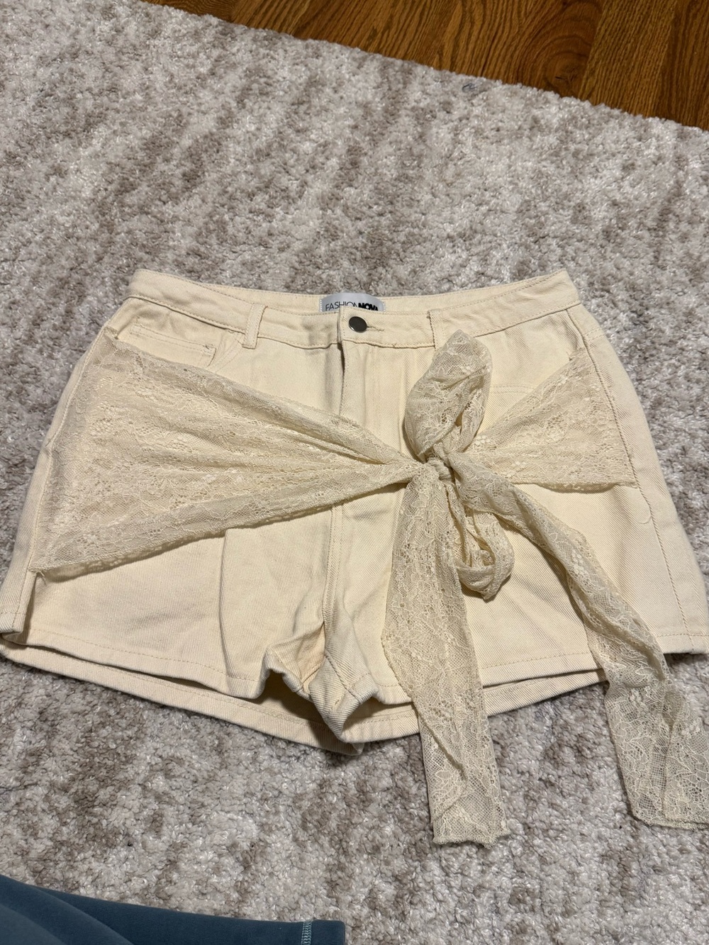 Fashion Nova Lace-Tie High-Waist Cream Shorts
